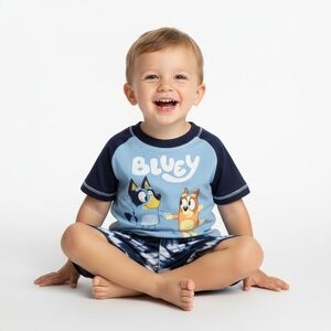 Bluey Boys Swim Set Size 4T Blue Tie-Dye Rash Guard Shirt & Trunks 2pc